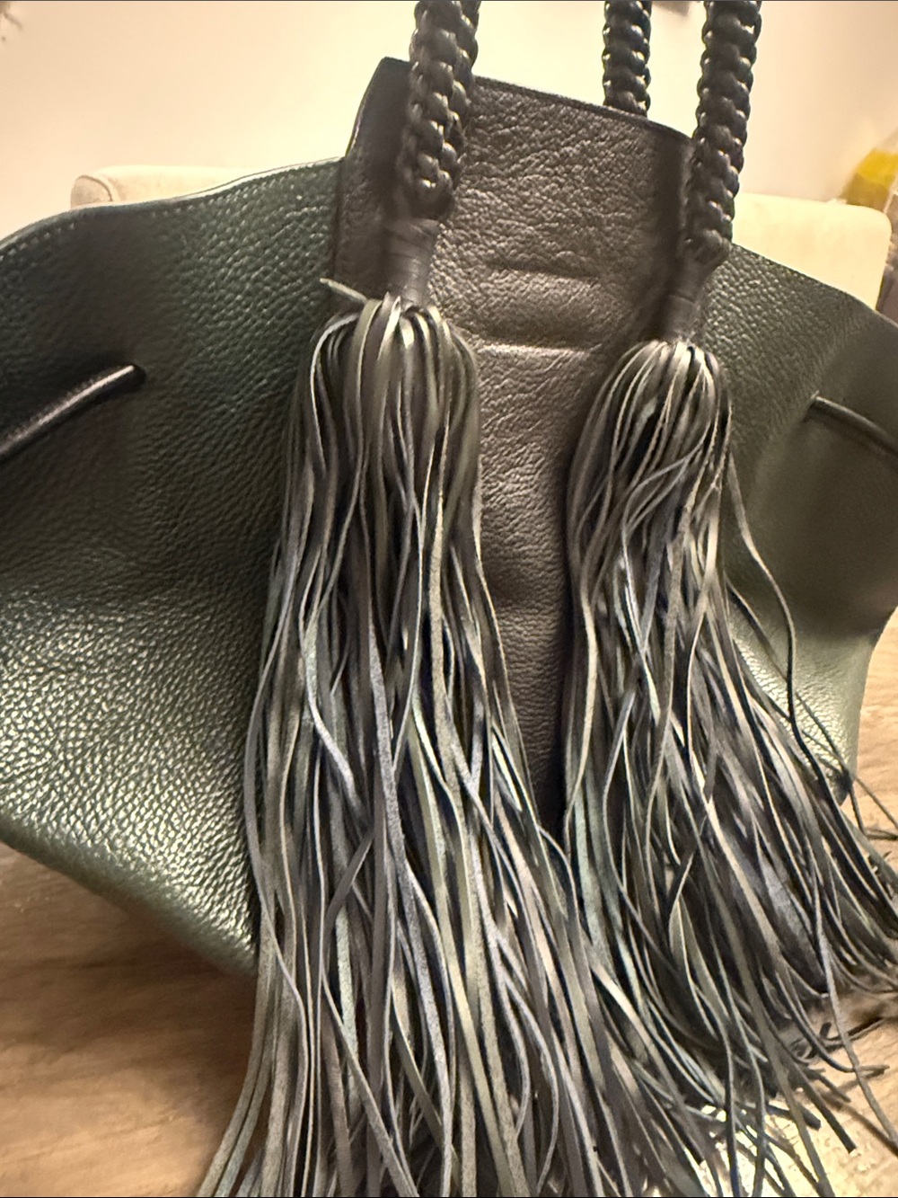 Ulla Johnson deep green Leather Shoulder Tote with Braided Handles and Tassels